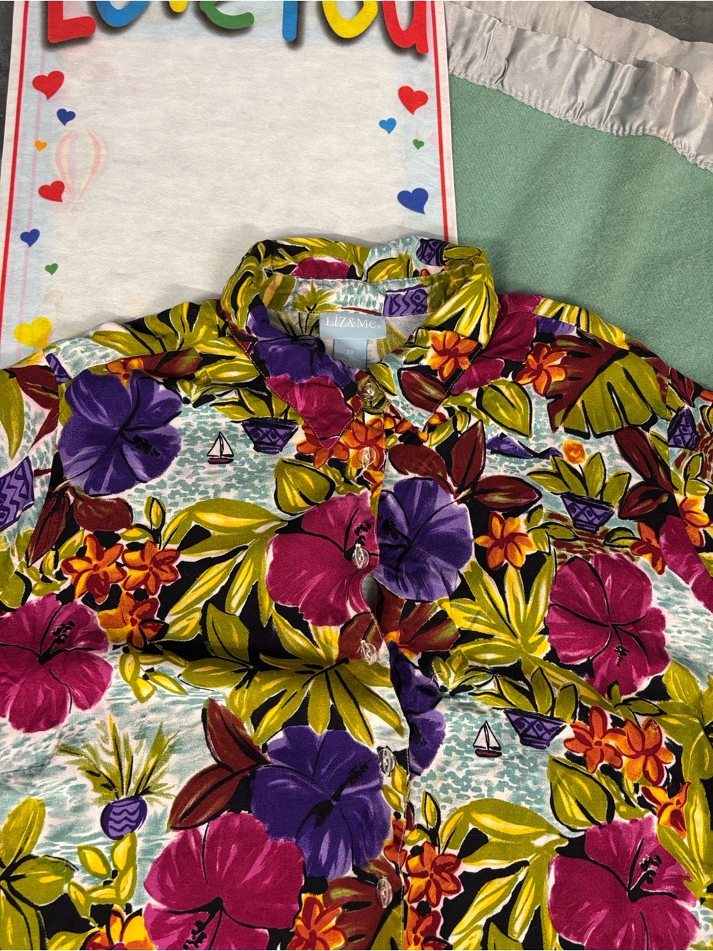 Liz & Me Floral Hawaiian Button-Up Shirt - Multicolor Bold Vibrant Tropical 3X - Picture 10 of 16